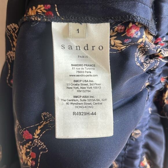 SANDRO NAVY SILK TIGER PRINT DRESS KEYHOLE BACK SHORT SLEEVE SIZE 1 - Picture 8 of 9